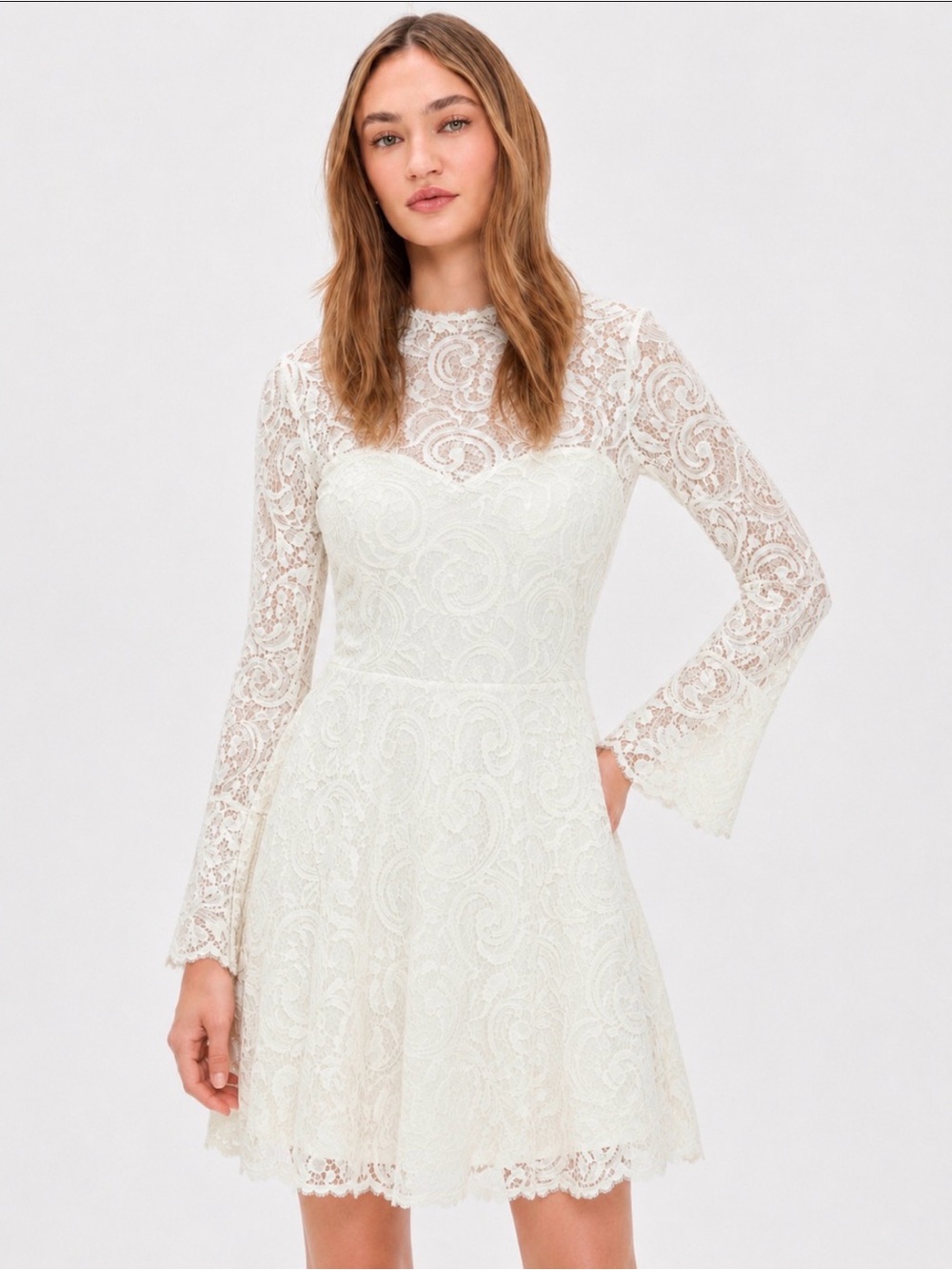 Aqua Ivory Lace A-Line Dress with Sheer Long Bell Sleeves Size M